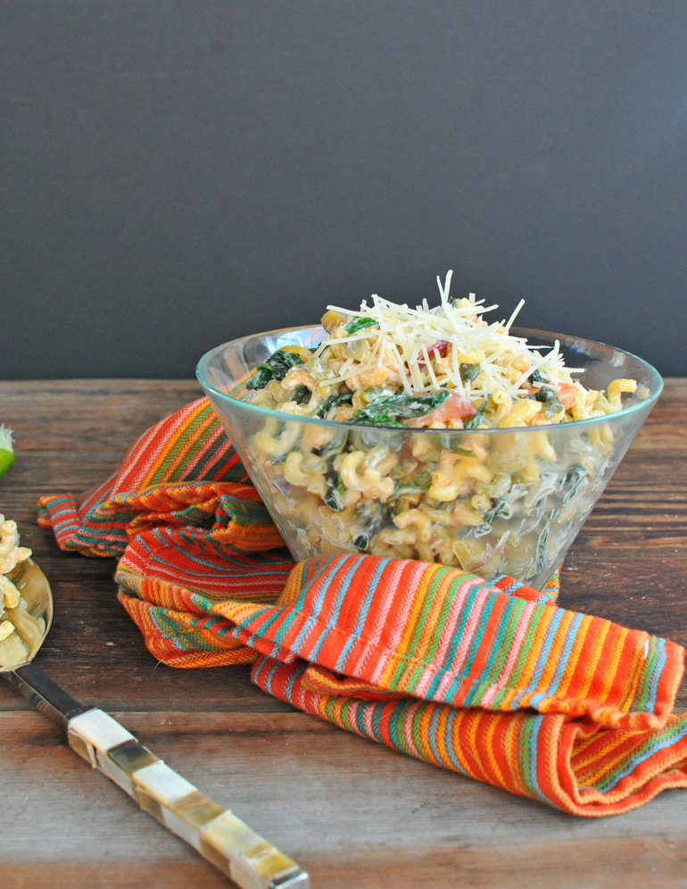 Peaches & Greens Pasta Salad with Kale Italia Nosh and Nourish