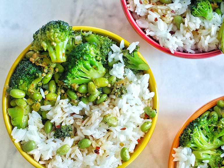 Broccoli and Edamame Bowls with Sesame Rice Nosh and Nourish